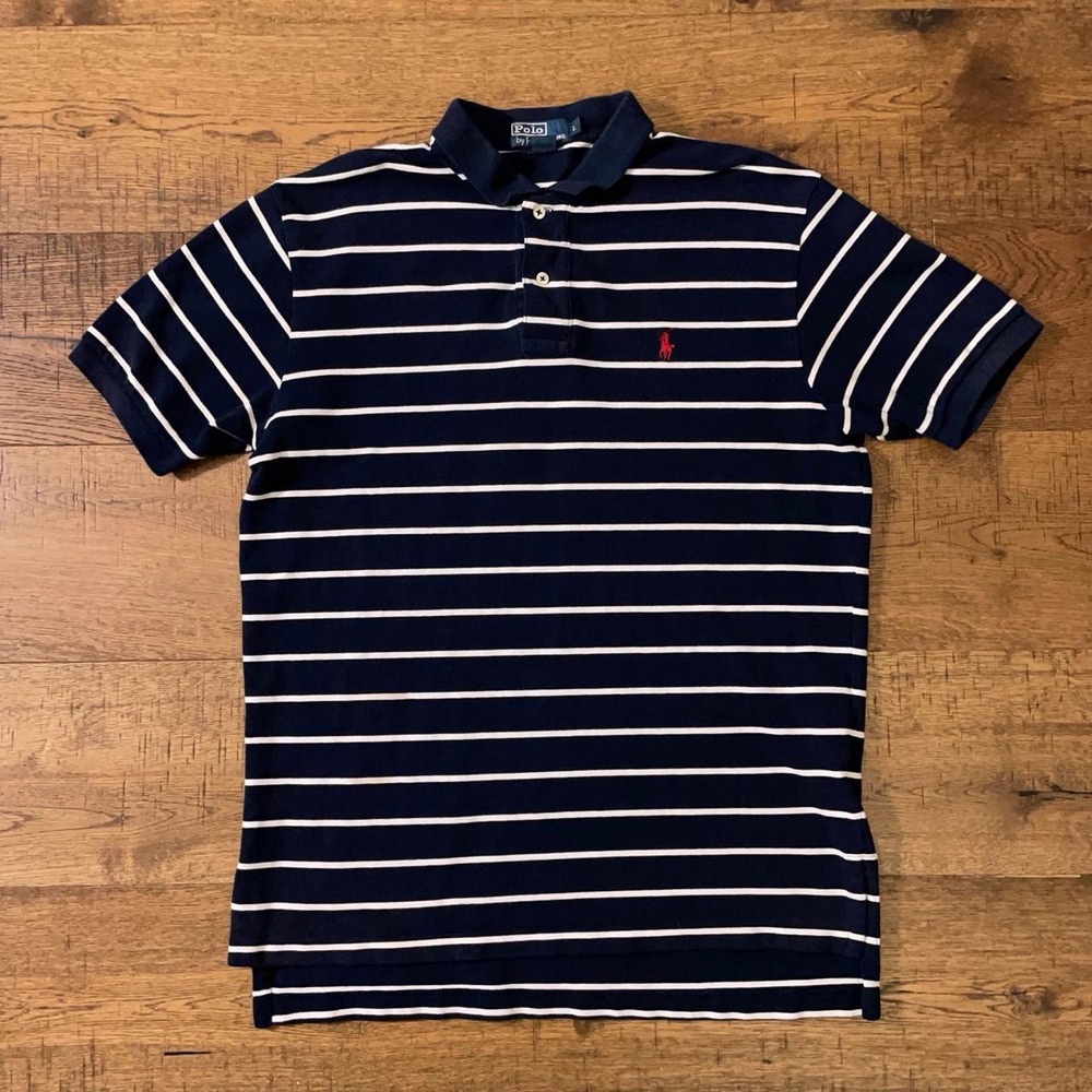 Polo Ralph Lauren Polo Shirt Mens L Navy White Preppy Striped Short Sleeve